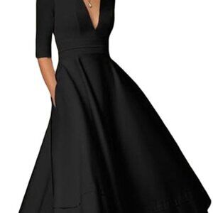 YMING Deep V Neck Maxi Dress 50s Vintage Dress 3/4 Sleeve Long Dress Black